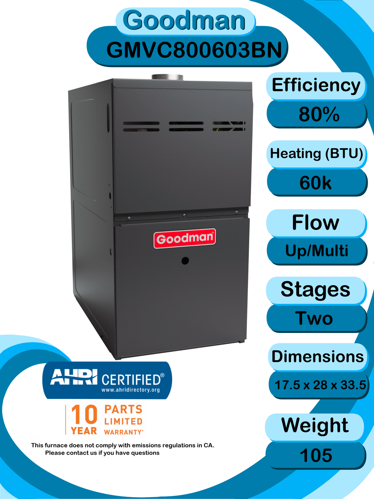 Goodman 2.5 TON 14.5 SEER2 Upflow R-32 Heat Pump System with 80% AFUE 60k BTU two stage furnace (GLZS4MA3010 condenser with GMVC800603BN furnace and CAPTA3626B3 coil)