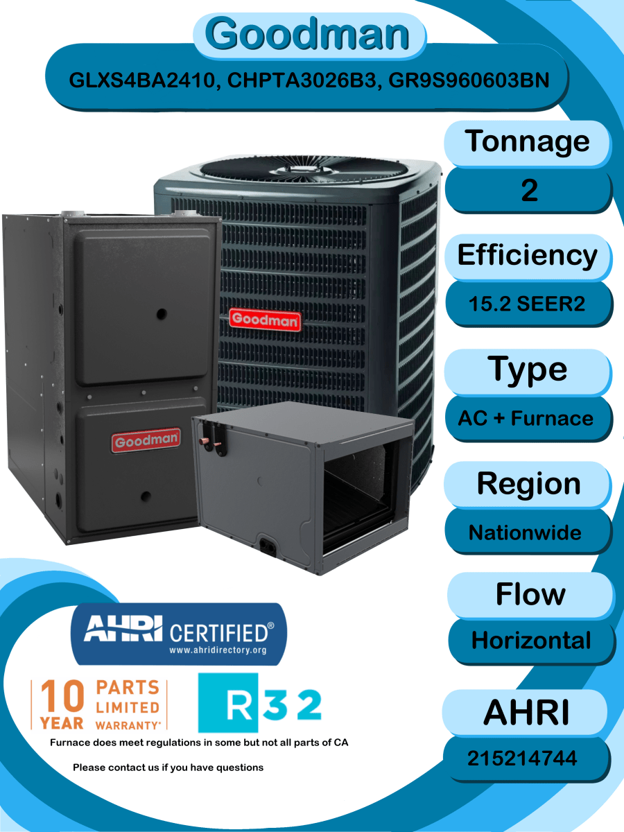 Goodman 2 ton 15.2 SEER2 Complete Split System with horizontal coil and single stage 96% AFUE 60k BTU furnace (GLXS4BA2410 CHPTA3026B3 GR9S960603BN)