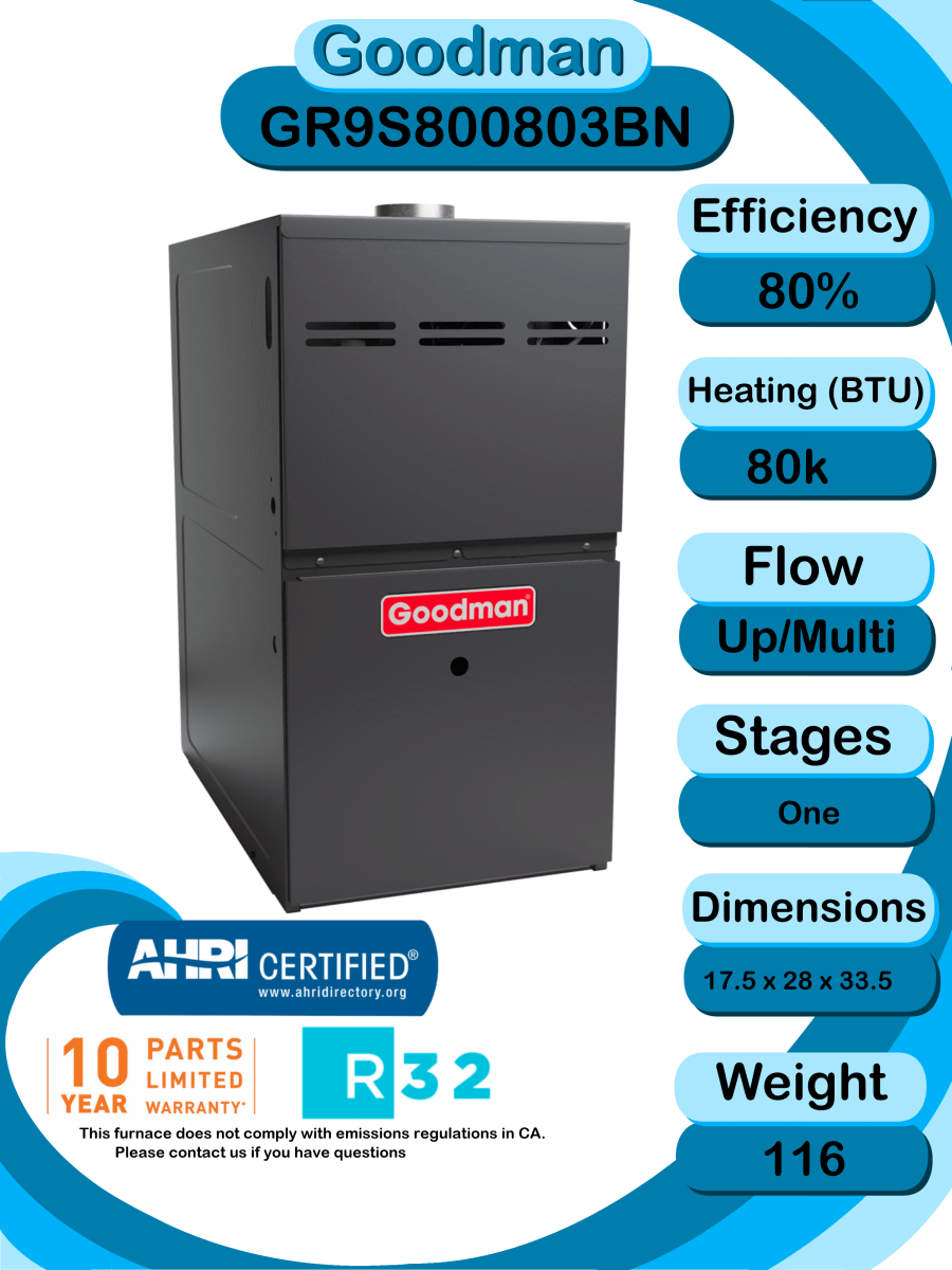 Goodman 2 ton 16 SEER2 Complete Split System with upflow coil and single stage 80% AFUE 80k BTU furnace (GLXS5BA2410 CAPTA3026B3 GR9S800803BN)