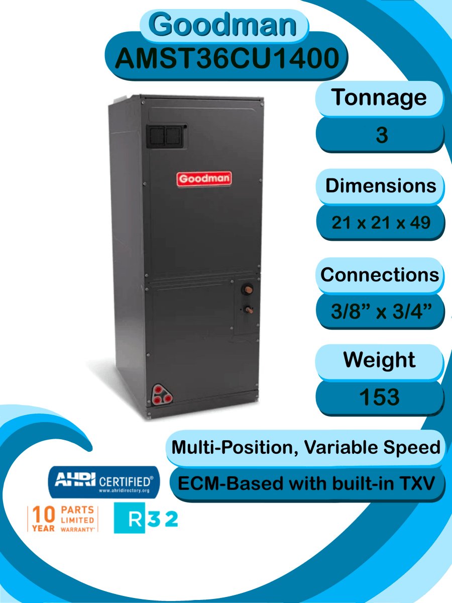 Goodman 2.5 ton 15.2 SEER2 AC Only System with multi - position air handler (GLXS5BA3010 AMST36CU1300)