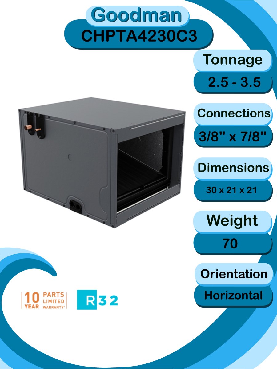Goodman 3 TON 14 SEER2 Horizontal R - 32 AC System with 97% AFUE 80k BTU modulating Low NOx furnace (GLXS3BN3610 condenser with GMVM970804CN furnace and CHPTA4230C3 coil)