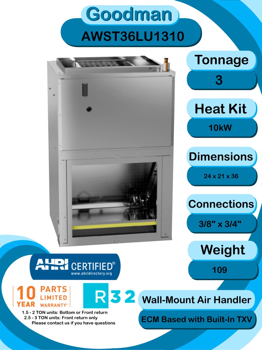 Goodman 3 TON 14.5 SEER2 R - 32 Heat Pump System and Front return air handler with 10kW heat kit (GLZS4MA3610 condenser and AWST36LU1310 air handler)
