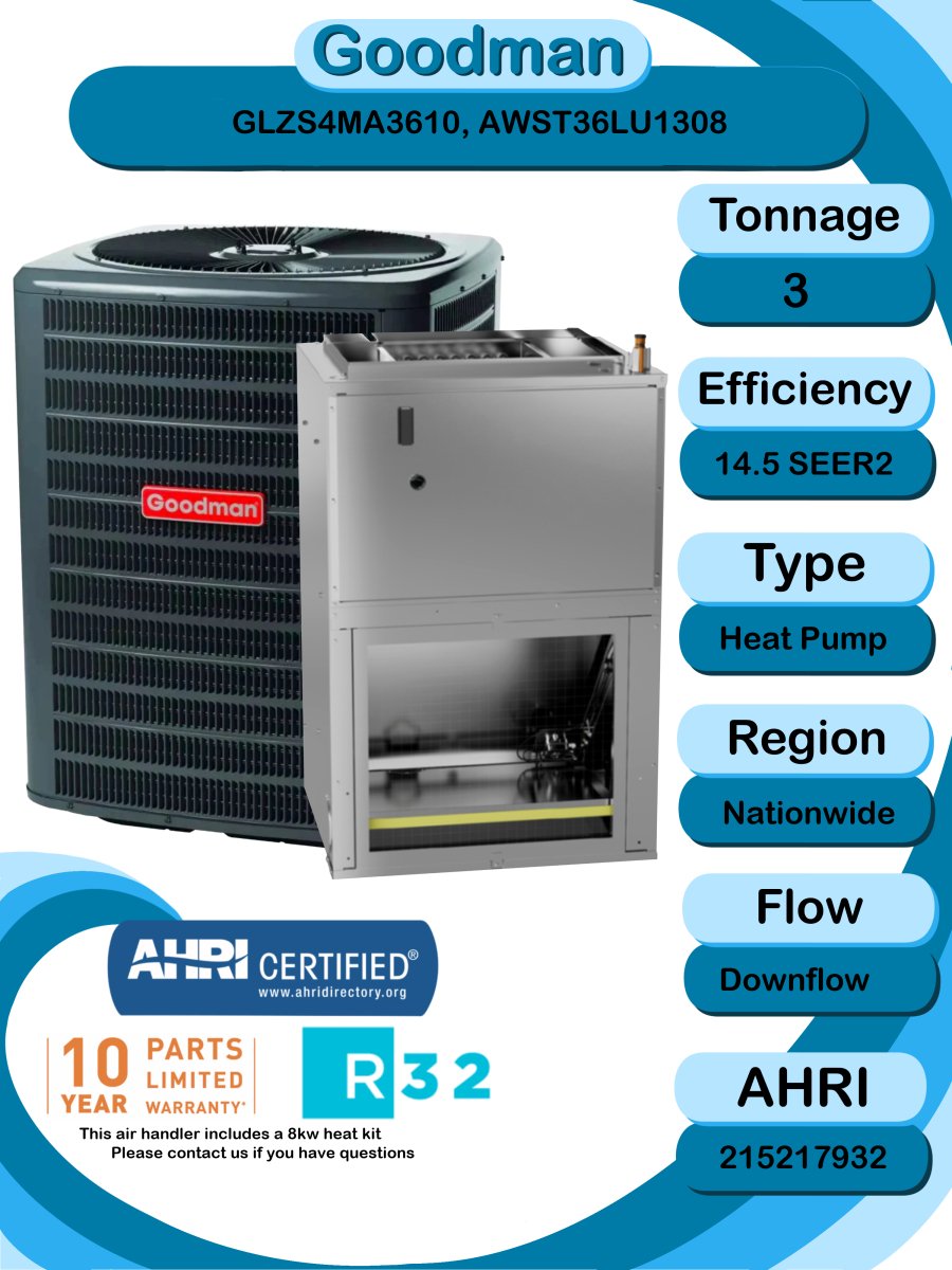 Goodman 3 TON 14.5 SEER2 R - 32 Heat Pump System and Front return air handler with 8kW heat kit (GLZS4MA3610 condenser and AWST36LU1308 air handler)
