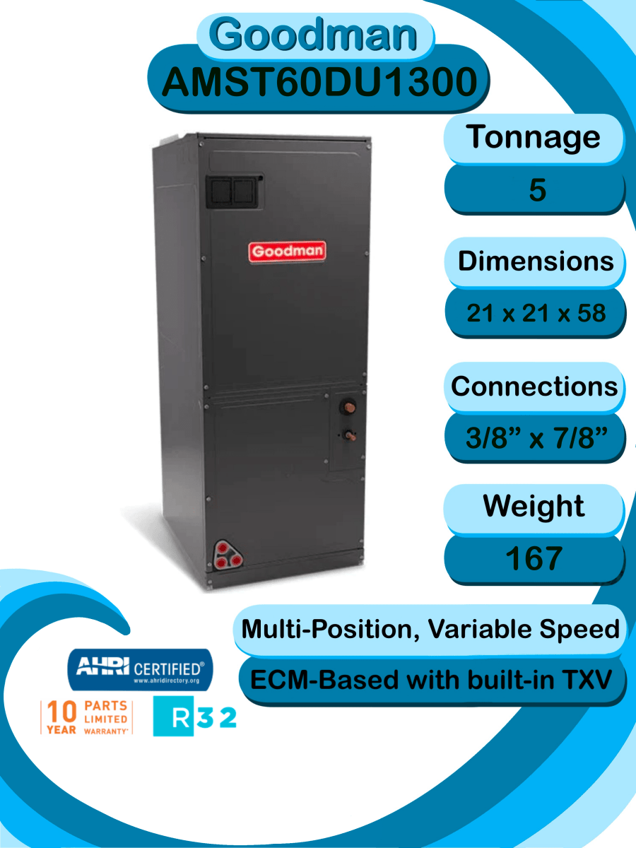 Goodman 5 ton 16 SEER2 Heat Pump System with multi - position air handler (GLZS5BA6010 AMST60DU1300)