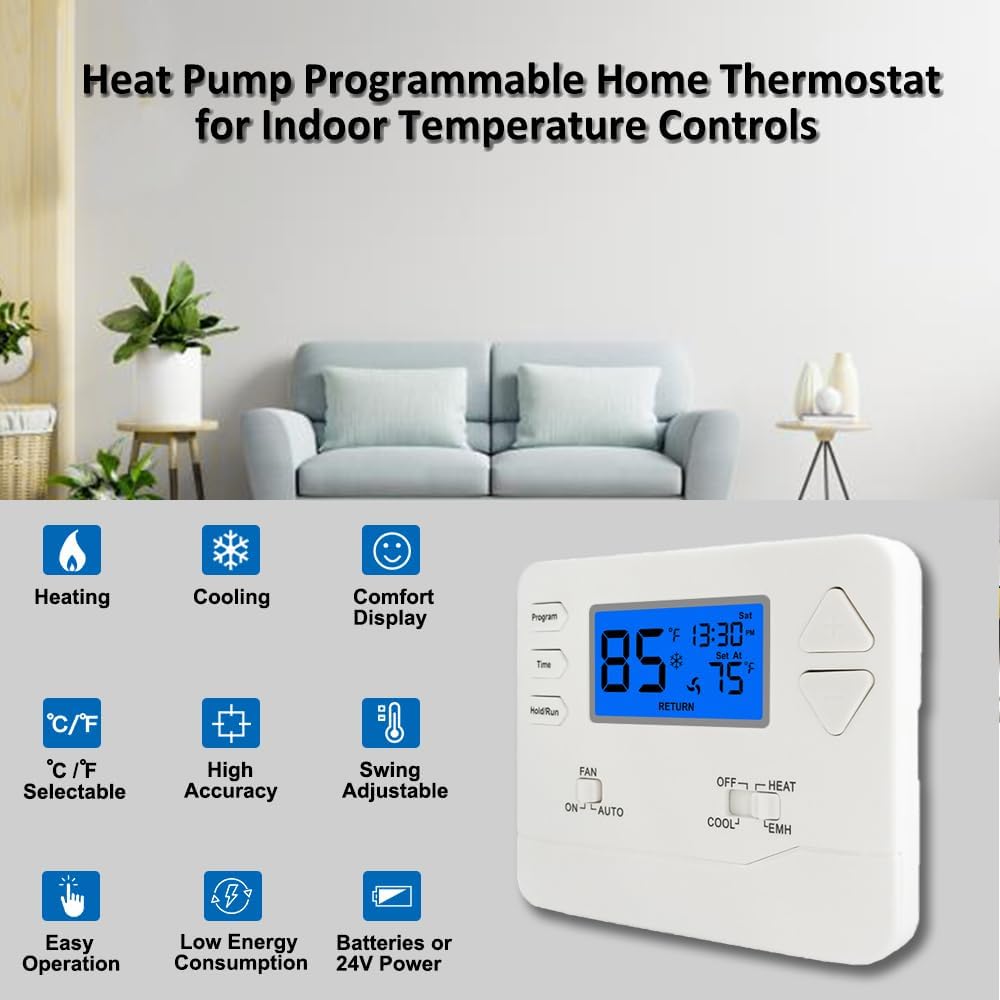 Programmable Thermostat for Heat Pump, 2 Heat/1 Cool or 1 Heat/1 Cool, 7 - Day & 5 - 1 - 1 Scheduling, Easy DIY Install, Blue Backlit Display