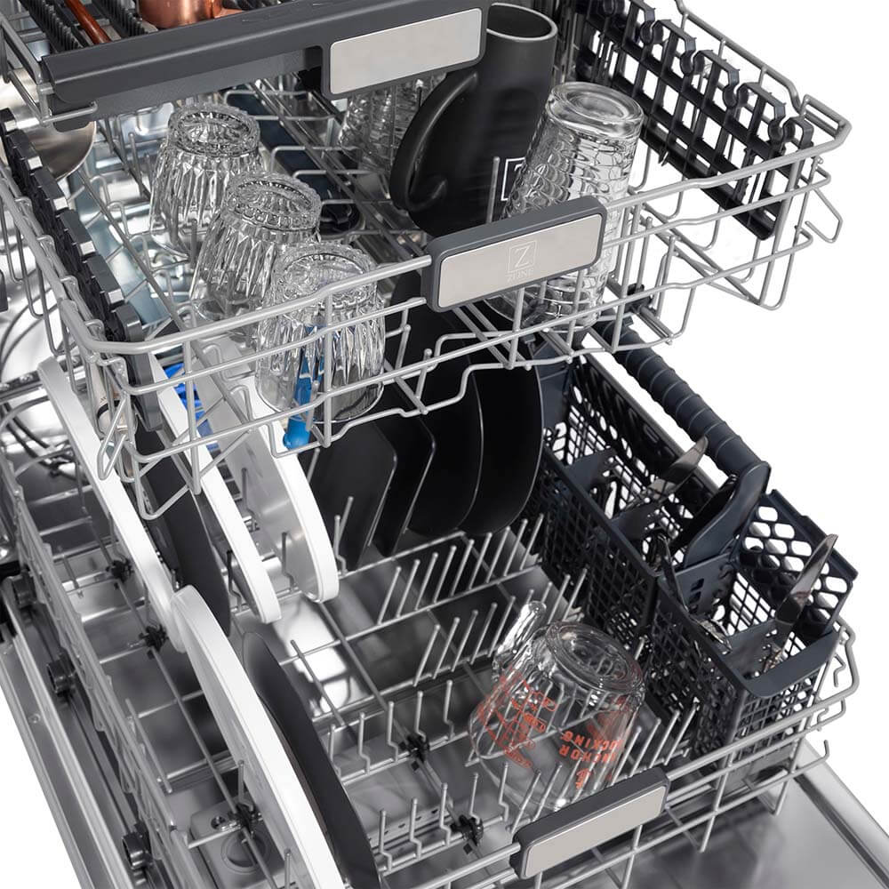 ZLINE 24 in. Monument Series 3rd Rack Top Touch Control Dishwasher with Satin Stainless Steel Panel and Stainless Steel Tub, 45dBa (DWMT - SN - 24)
