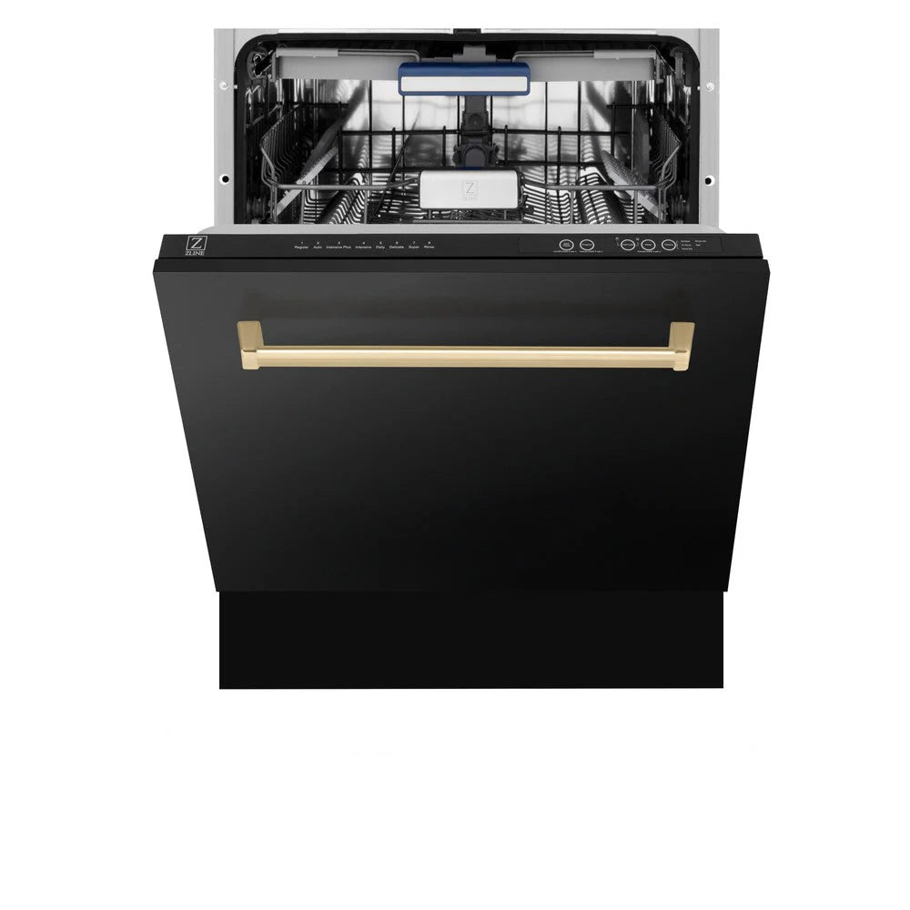 ZLINE Autograph Edition 24" 3rd Rack Top Control Tall Tub Dishwasher in Black Stainless Steel with Champagne Bronze Handle, 51dBa (DWVZ - BS - 24 - CB)