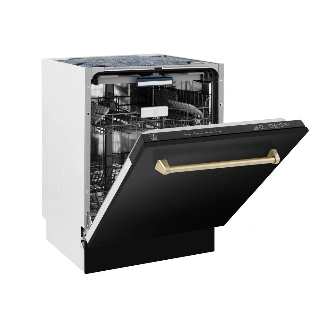 ZLINE Autograph Edition 24" 3rd Rack Top Control Tall Tub Dishwasher in Black Stainless Steel with Champagne Bronze Handle, 51dBa (DWVZ - BS - 24 - CB)