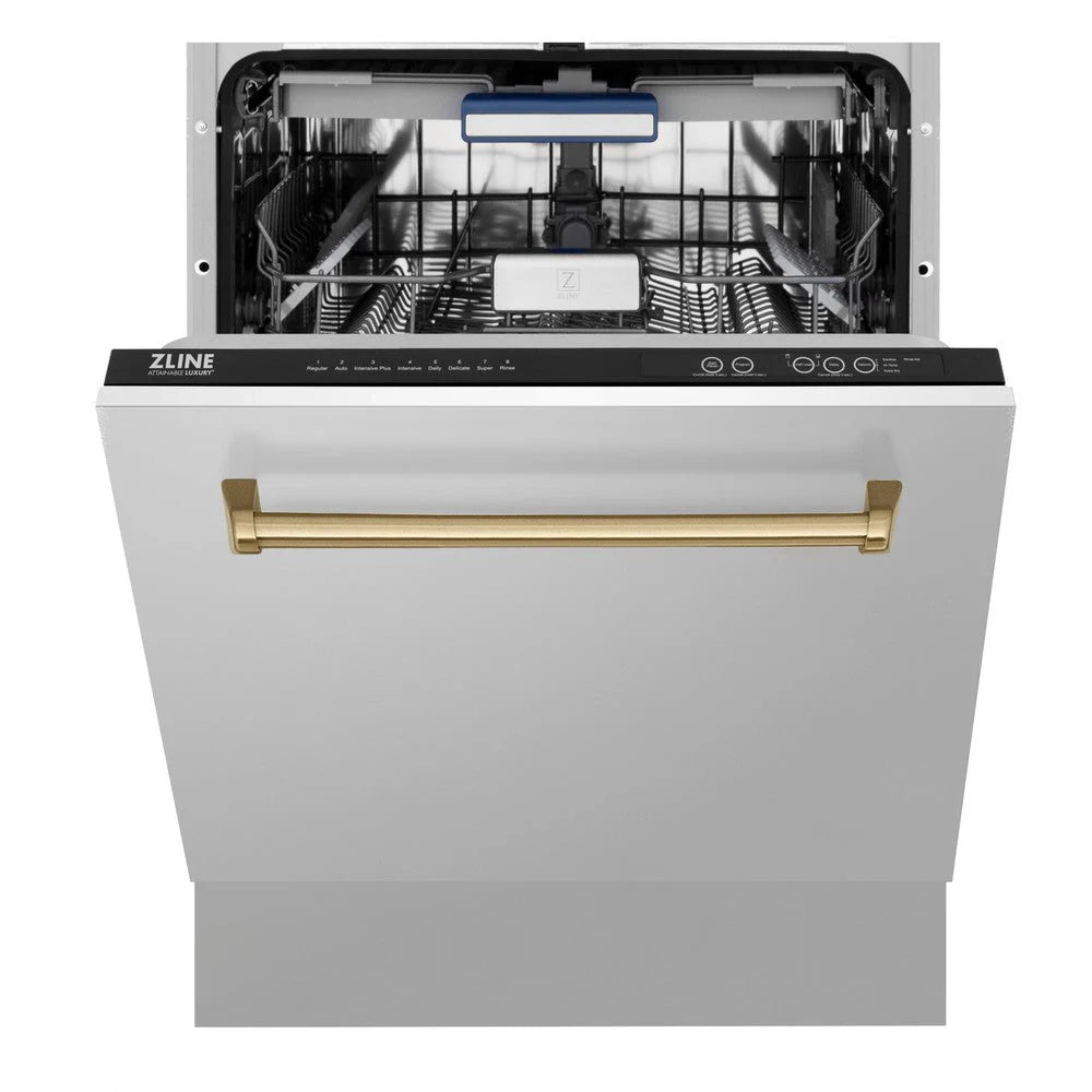 ZLINE Autograph Edition 24" Tallac Series 3rd Rack Top Control Built - In Tall Tub Dishwasher in Stainless Steel with Champagne Bronze Handle, 51dBa (DWVZ - 304 - 24 - CB)