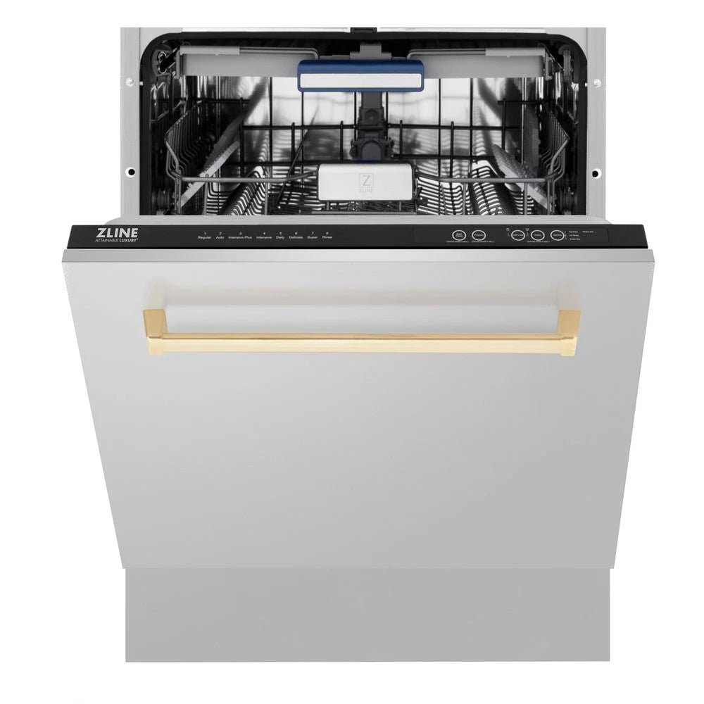 ZLINE Autograph Edition 24" Tallac Series 3rd Rack Top Control Built - In Tall Tub Dishwasher in Stainless Steel with Polished Gold Handle, 51dBa (DWVZ - 304 - 24 - G)