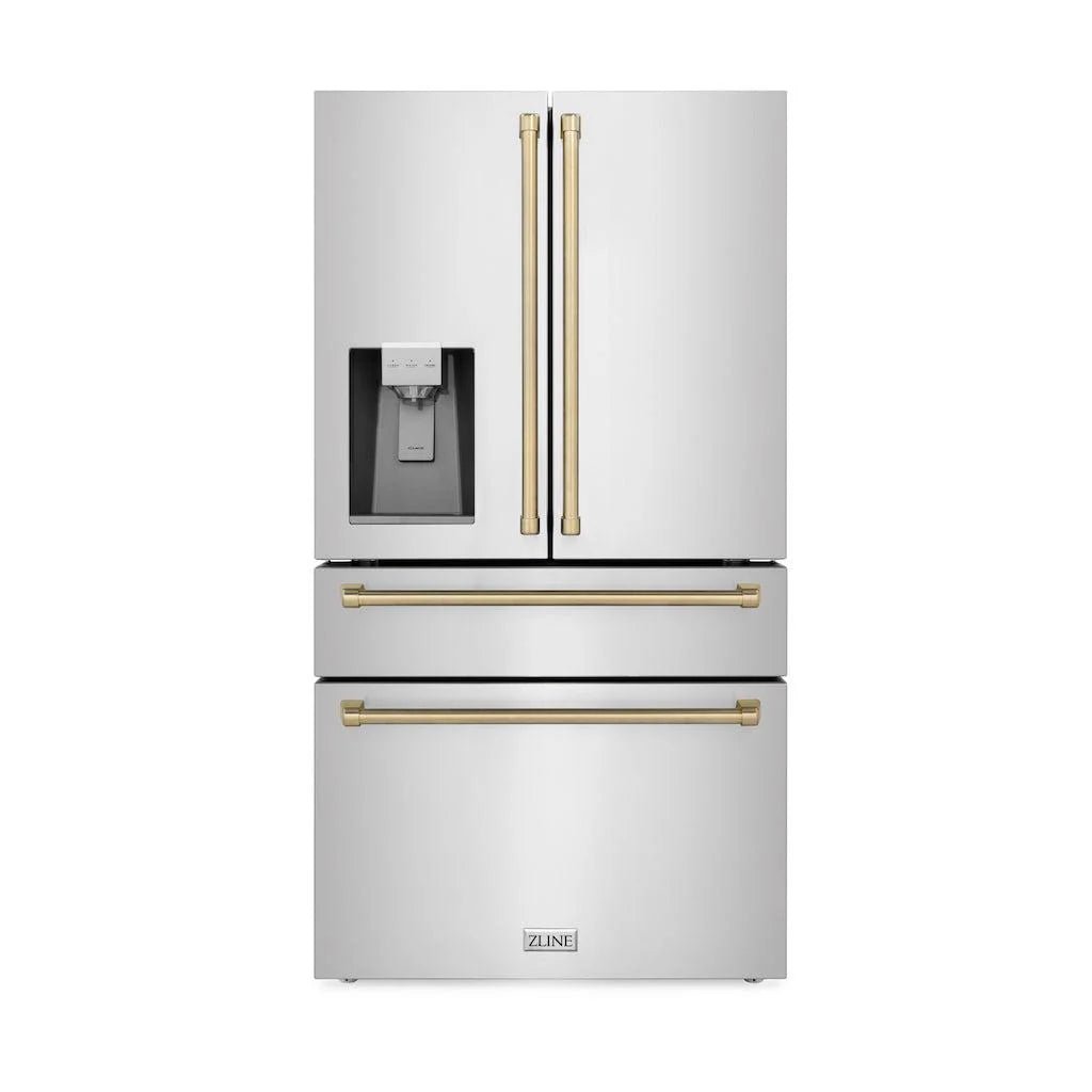 ZLINE Autograph Edition 36 in. 21.6 cu. ft. Counter - Depth French Door Refrigerator with Water and Ice Dispenser in Fingerprint - Resistant Stainless Steel with Champagne Bronze Traditional Handles (RFMZ - W - 36 - CB)