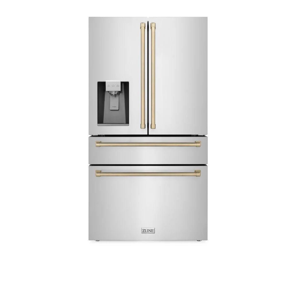 ZLINE Autograph Edition 36 in. 21.6 cu. ft. Counter - Depth French Door Refrigerator with Water and Ice Dispenser in Fingerprint - Resistant Stainless Steel with Champagne Bronze Traditional Handles (RFMZ - W - 36 - CB)