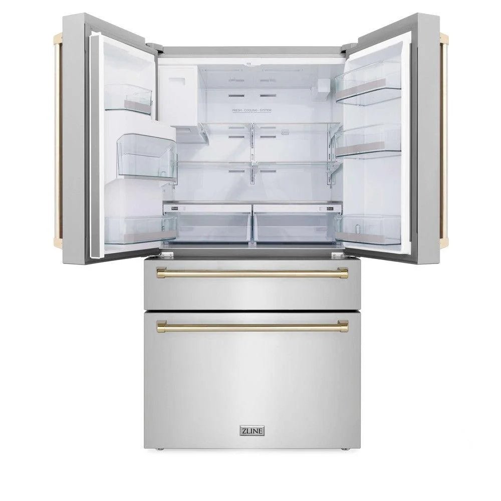 ZLINE Autograph Edition 36 in. 21.6 cu. ft. Counter - Depth French Door Refrigerator with Water and Ice Dispenser in Fingerprint - Resistant Stainless Steel with Polished Gold Traditional Handles (RFMZ - W - 36 - G)