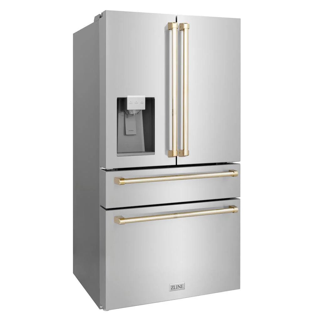 ZLINE Autograph Edition 36 in. 21.6 cu. ft. Counter - Depth French Door Refrigerator with Water and Ice Dispenser in Fingerprint - Resistant Stainless Steel with Polished Gold Traditional Handles (RFMZ - W - 36 - G)
