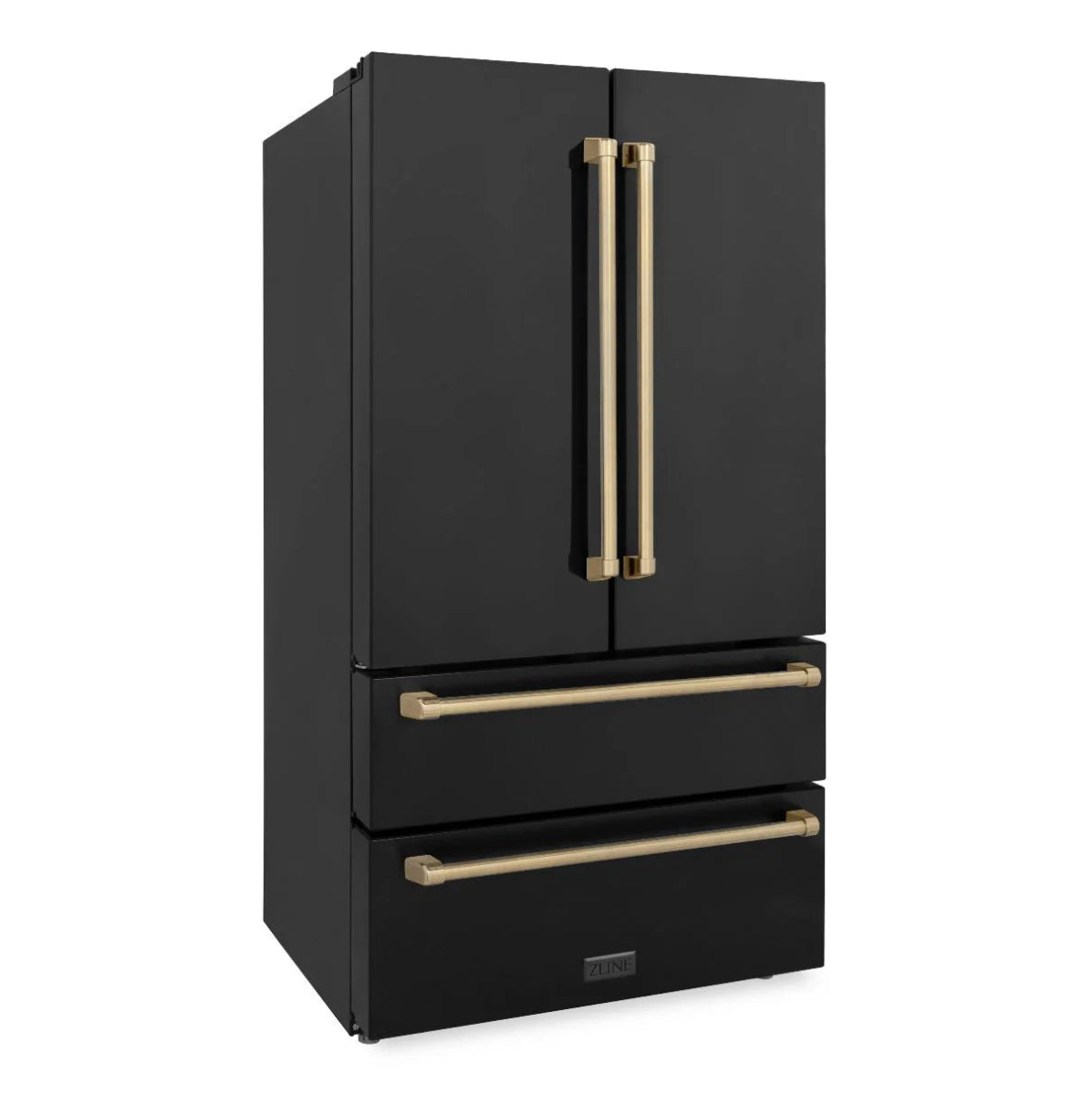 ZLINE Autograph Edition 36 in. 22.5 cu. ft. Counter - Depth French Door Refrigerator with Ice Maker in Fingerprint - Resistant Black Stainless Steel and Champagne Bronze Traditional Handles (RFMZ - 36 - BS - CB)