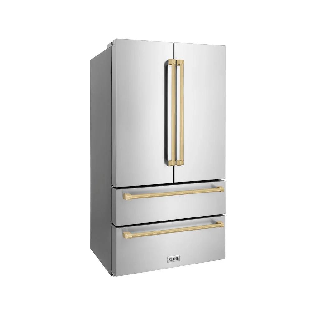 ZLINE Autograph Edition 36 in. 22.5 cu. ft. Counter - Depth French Door Refrigerator with Ice Maker in Fingerprint - Resistant Stainless Steel with Champagne Bronze Traditional Handles (RFMZ - 36 - CB)