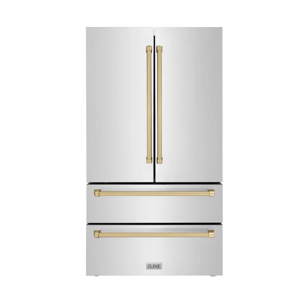 ZLINE Autograph Edition 36 in. 22.5 cu. ft. Counter - Depth French Door Refrigerator with Ice Maker in Fingerprint - Resistant Stainless Steel with Champagne Bronze Traditional Handles (RFMZ - 36 - CB)