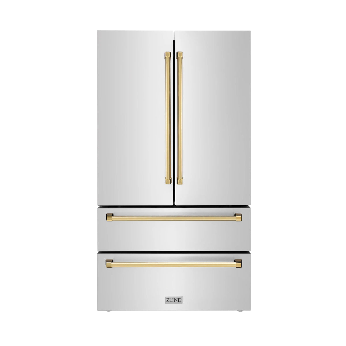 ZLINE Autograph Edition 36 in. 22.5 cu. ft. Counter - Depth French Door Refrigerator with Ice Maker in Fingerprint - Resistant Stainless Steel with Polished Gold Traditional Handles (RFMZ - 36 - G)