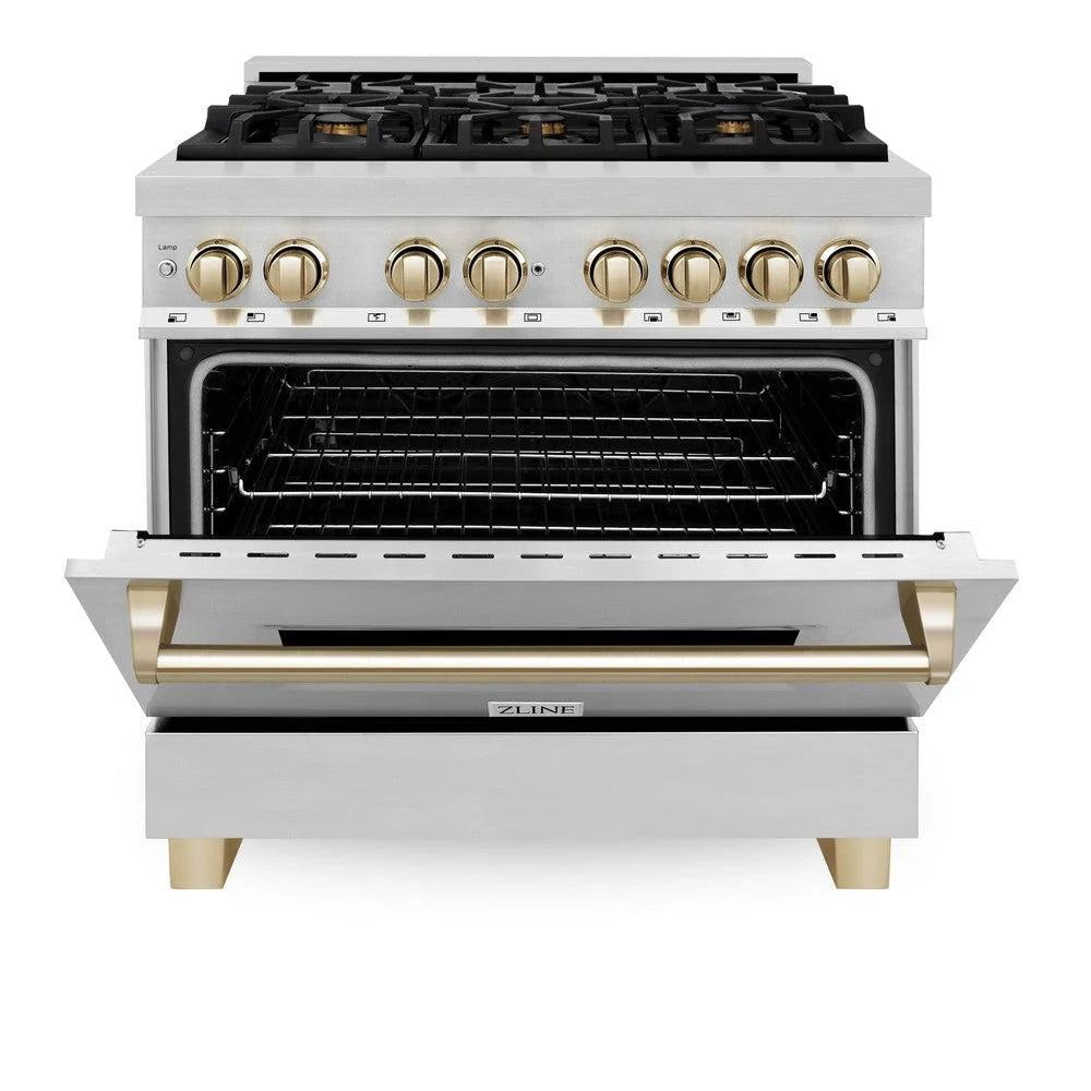 ZLINE Autograph Edition 36 in. 4.6 cu. ft. Legacy Dual Fuel Range with 6 Burner Gas Cooktop and Electric Convection Oven in Stainless Steel and Polished Gold Accents (RAZ - 36 - G)