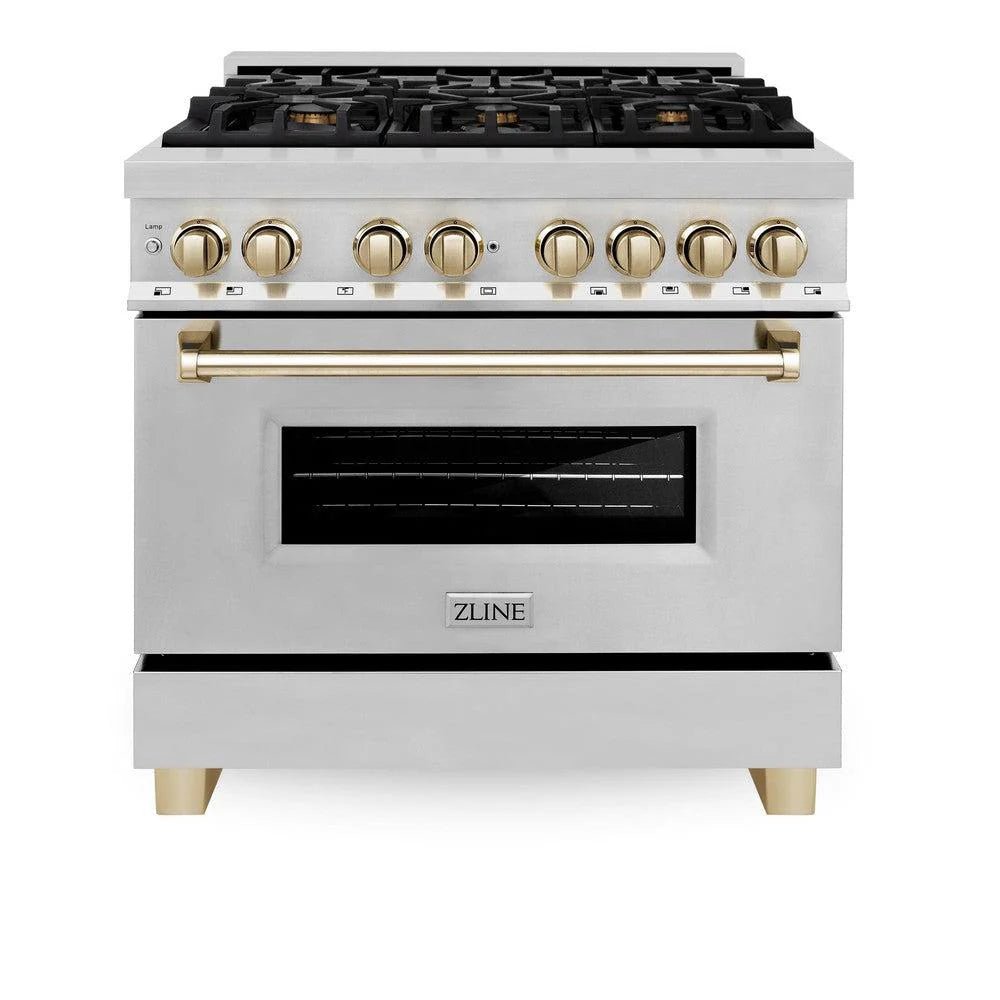 ZLINE Autograph Edition 36 in. 4.6 cu. ft. Legacy Dual Fuel Range with 6 Burner Gas Cooktop and Electric Convection Oven in Stainless Steel and Polished Gold Accents (RAZ - 36 - G)
