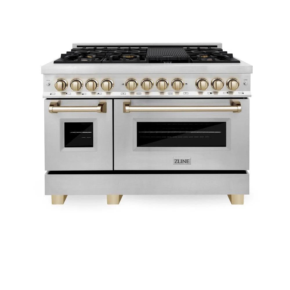 ZLINE Autograph Edition 48 in. 6.0 cu. ft. Legacy Dual Fuel Range with 7 Burner Gas Cooktop and 2 Electric Ovens in Stainless Steel and Polished Gold Accents (RAZ - 48 - G)