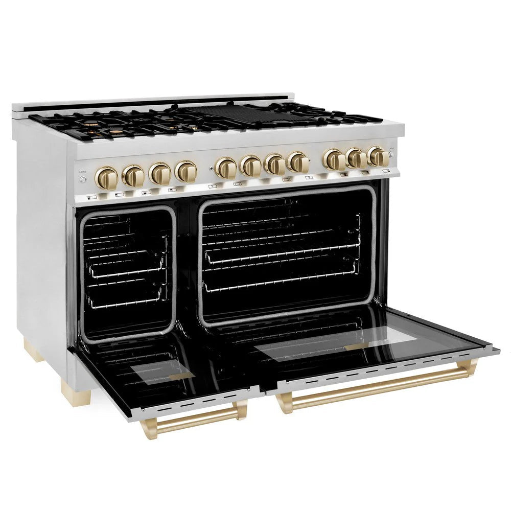 ZLINE Autograph Edition 48 in. 6.0 cu. ft. Legacy Dual Fuel Range with 7 Burner Gas Cooktop and 2 Electric Ovens in Stainless Steel and Polished Gold Accents (RAZ - 48 - G)