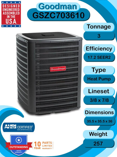 Goodman 3 TON 17.2 SEER2 Premium Series Two Stage Heat Pump Condenser - GSZC703610