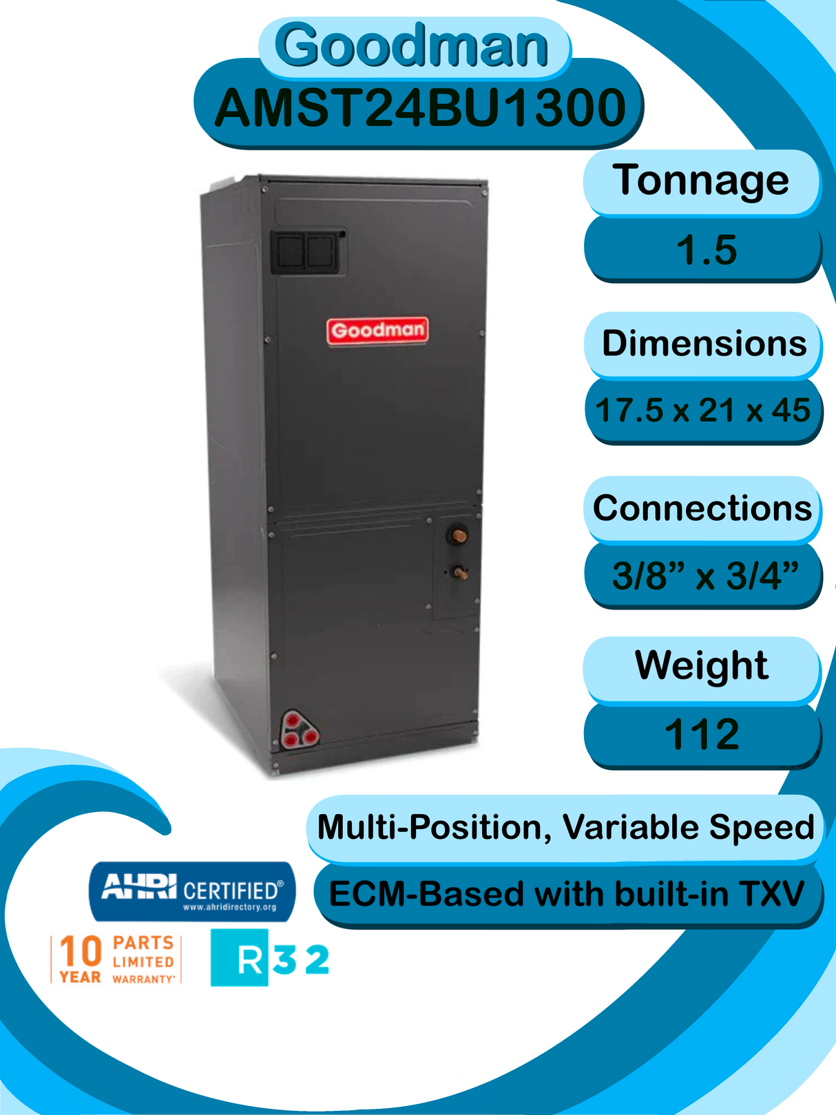 Goodman 1.5 TON 15.2 SEER2 Multi-Position R-32 Heat Pump System with air handler (GLZS4BA1810 condenser and AMST24BU1300 air handler)