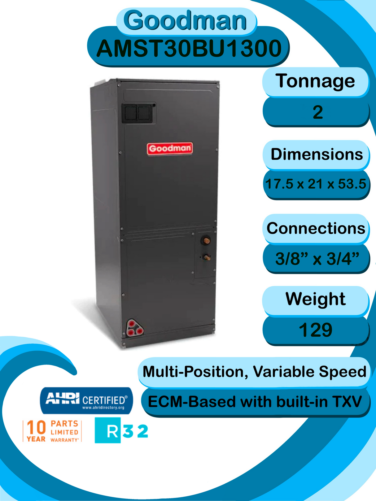 Goodman 1.5 TON 15.2 SEER2 Multi-Position R-32 AC Only System with air handler (GLXS4MA1810 condenser and AMST30BU1300 air handler)