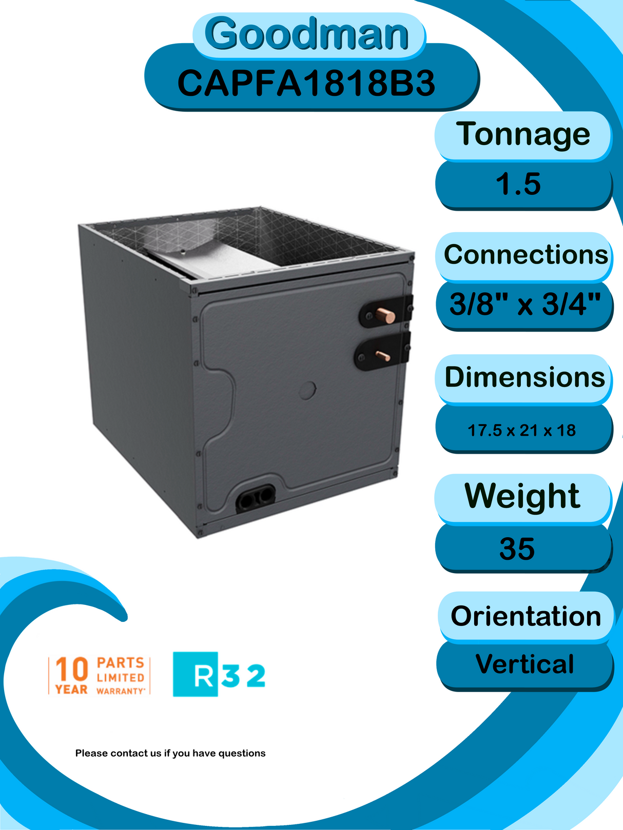 Goodman 1.5 TON 13.8 SEER2 Upflow R-32 AC System with 80% AFUE 60k BTU two stage Low NOx furnace (GLXS3BN1810 condenser with GMVC800604BX furnace and CAPFA1818B3 coil)