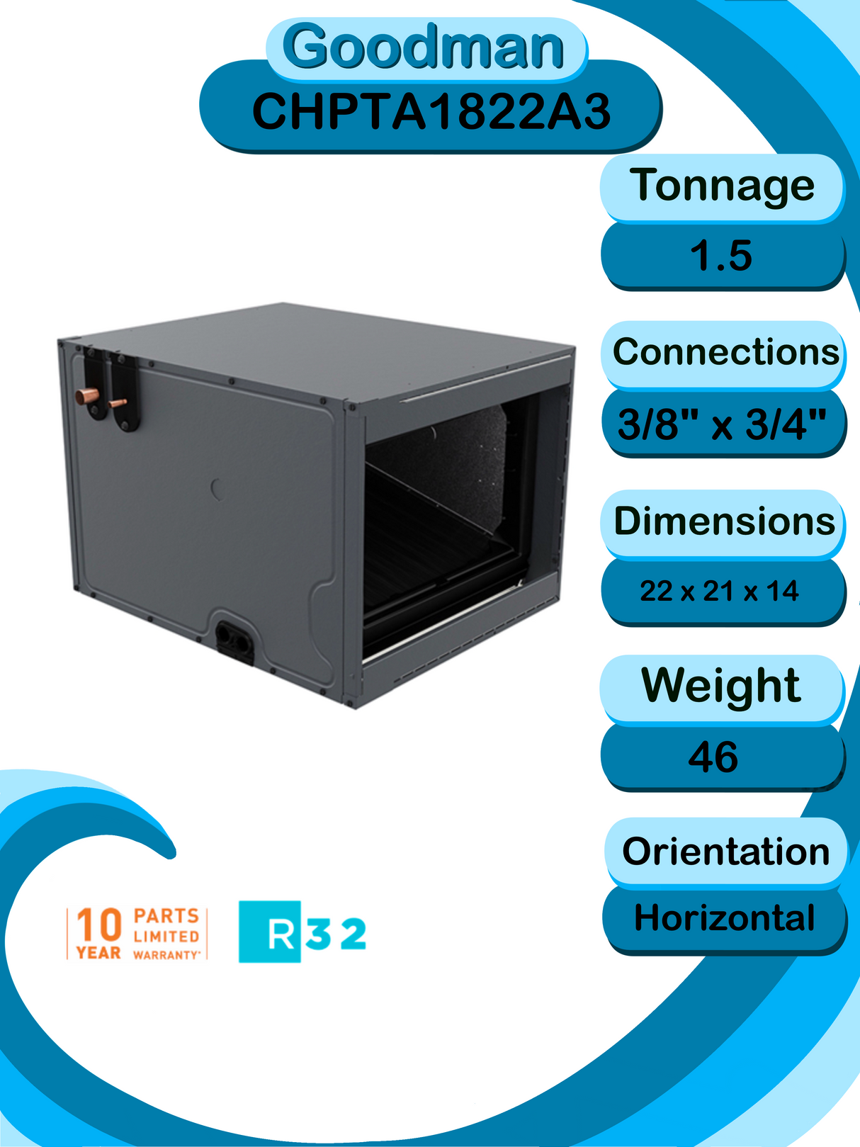 Goodman 1.5 TON 13.8 SEER2 Horizontal R-32 AC System with 96% AFUE 40k BTU two stage Low NOx furnace (GLXS3BN1810 condenser with GM9C960403AN furnace and CHPTA1822A3 coil)