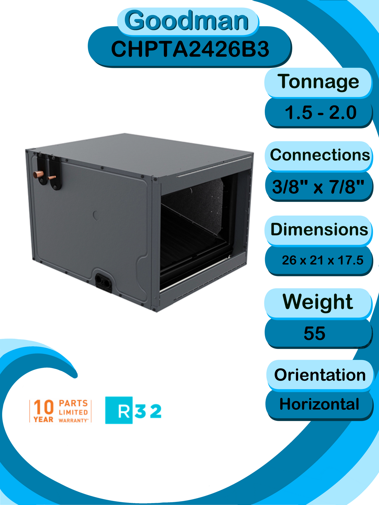 Goodman 2 TON 14.3 SEER2 Horizontal R-32 AC System with 96% AFUE 80k BTU Low NOx furnace (GLXS4BA2410 condenser with GM9S960803BN furnace and CHPTA2426B3 coil)