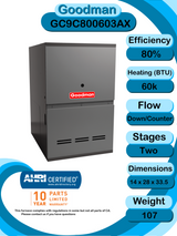 Goodman 1.5 TON 13.8 SEER2 Downflow R-32 AC System with 80% AFUE 60k BTU two stage Low NOx furnace (GLXS3BN1810 condenser with GC9C800603AX furnace and CAPTA1818A3 coil)