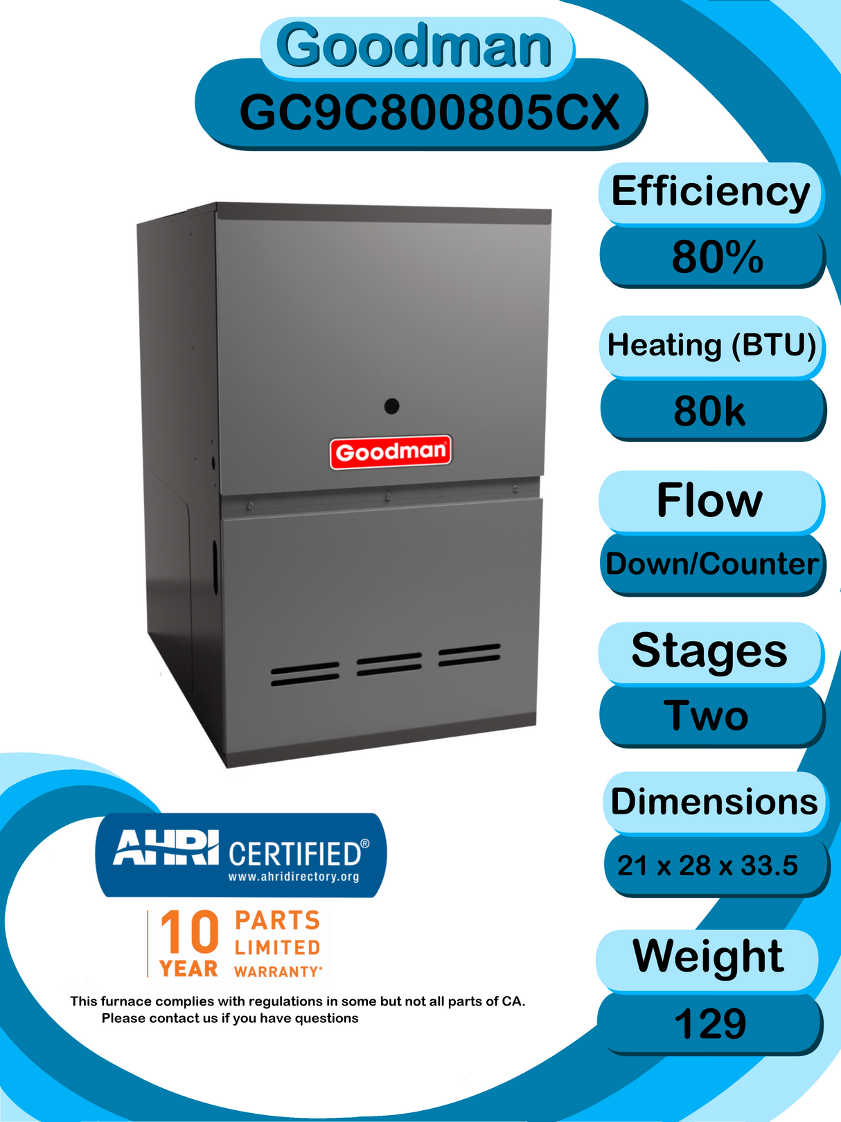 Goodman 4 TON 14.5 SEER2 Downflow R-32 AC System with 80% AFUE 80k BTU two stage Low NOx furnace (GLXS4BA4810 condenser with GC9C800805CX furnace and CAPTA6030C3 coil)