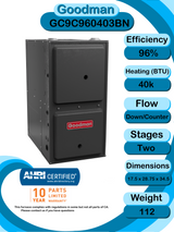 Goodman 1.5 TON 13.8 SEER2 Horizontal R-32 AC System with 96% AFUE 40k BTU two stage Low NOx furnace (GLXS3BN1810 condenser with GC9C960403BN furnace and CHPTA1822A3 coil)