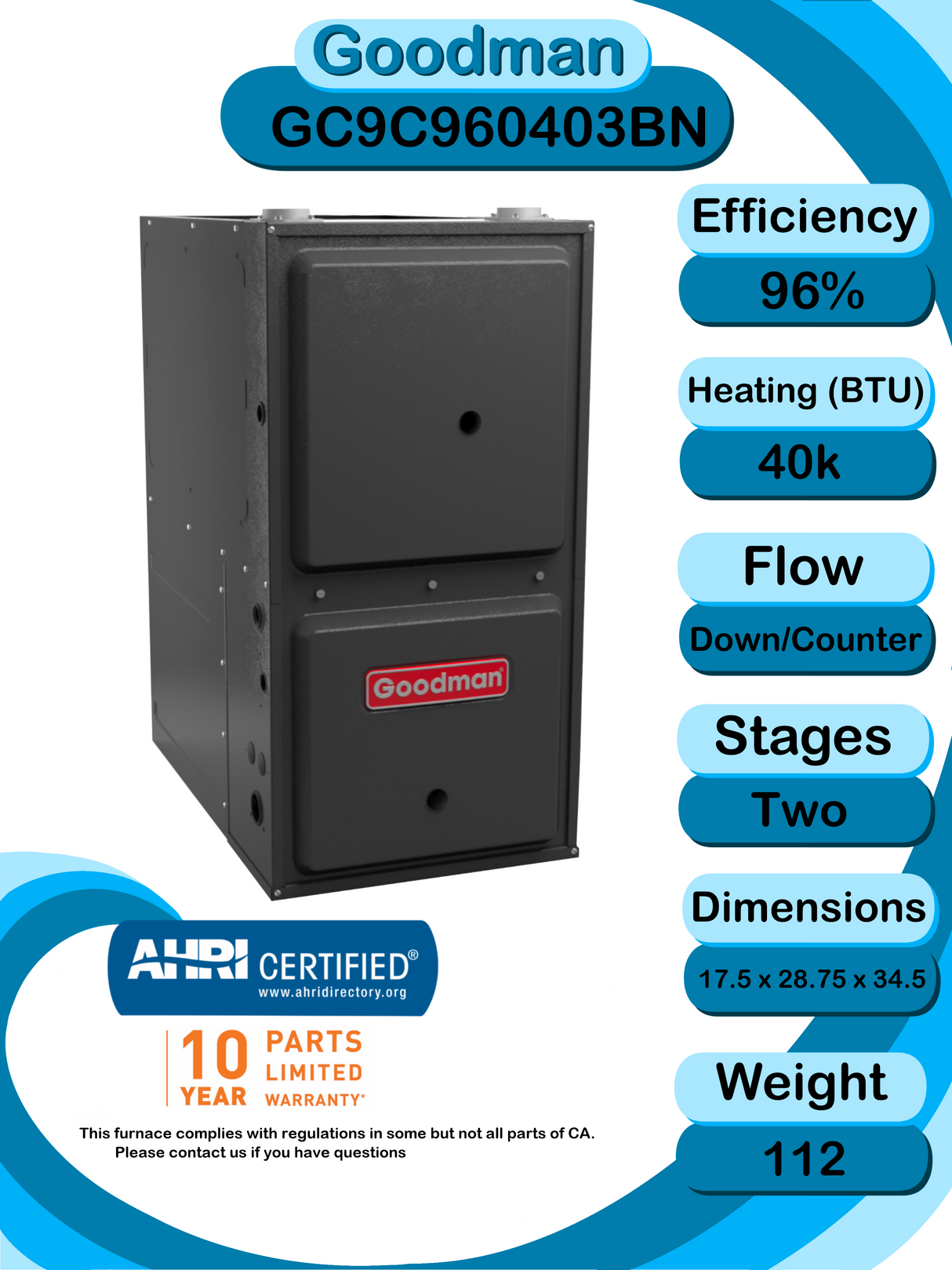 Goodman 1.5 TON 13.8 SEER2 Horizontal R-32 AC System with 96% AFUE 40k BTU two stage Low NOx furnace (GLXS3BN1810 condenser with GC9C960403BN furnace and CHPTA1822B3 coil)