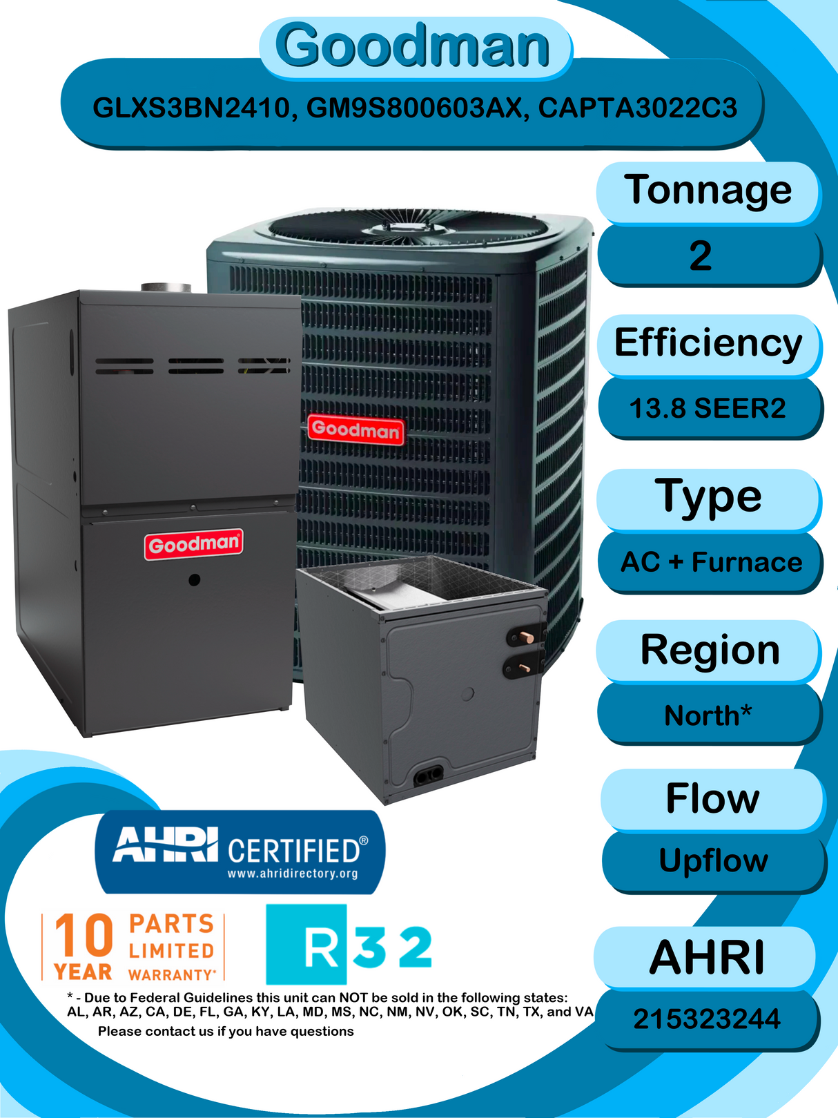 Goodman 2 TON 13.8 SEER2 Upflow R-32 AC System with 80% AFUE 60k BTU Low NOx furnace (GLXS3BN2410 condenser with GM9S800603AX furnace and CAPTA3022C3 coil)