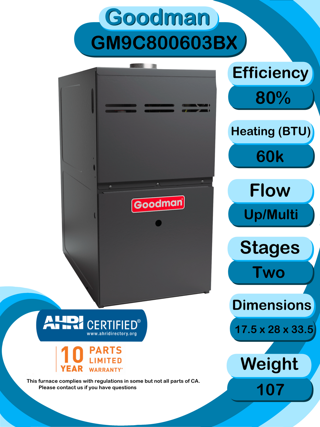 Goodman 1.5 TON 13.8 SEER2 Upflow R-32 AC System with 80% AFUE 60k BTU two stage Low NOx furnace (GLXS3BN1810 condenser with GM9C800603BX furnace and CAPFA1818C3 coil)