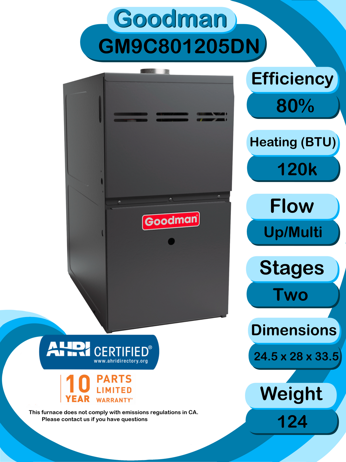 Goodman 4 TON 14.5 SEER2 Upflow R-32 AC System with 80% AFUE 120k BTU two stage furnace (GLXS4BA4810 condenser with GM9C801205DN furnace and CAPTA6030C3 coil)