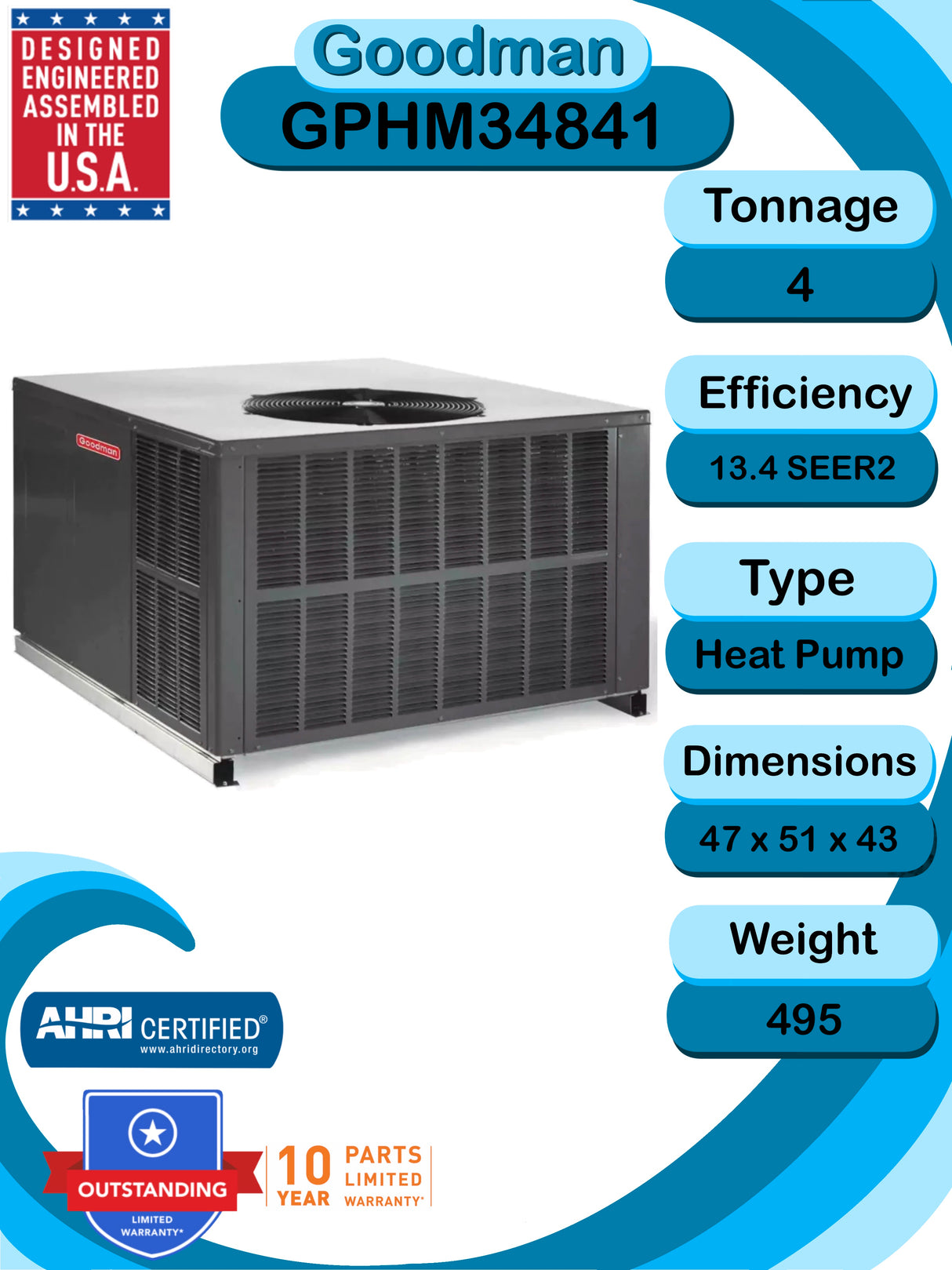 Goodman 4 TON 13.4 SEER2 Heat Pump Packaged Unit (GPHM34841)