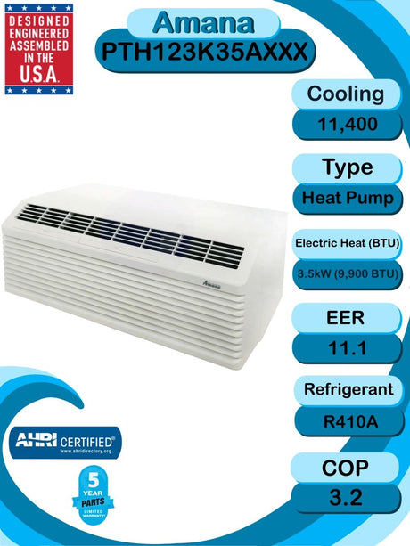 Amana 12k BTU PTAC Heat Pump with install accessories (PTH123K35AXXX, replaces the PTH123G35AXXX)