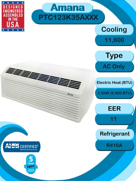 Amana 12k BTU PTAC with install accessories (PTC123K35AXXX), replaces the PTC123G35AXXX)