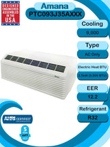 AMANA PTAC 9,000 BTU Air Conditioner with 3.5 KW Heater (PTC093J35AXXX, 20 Amp Plug)