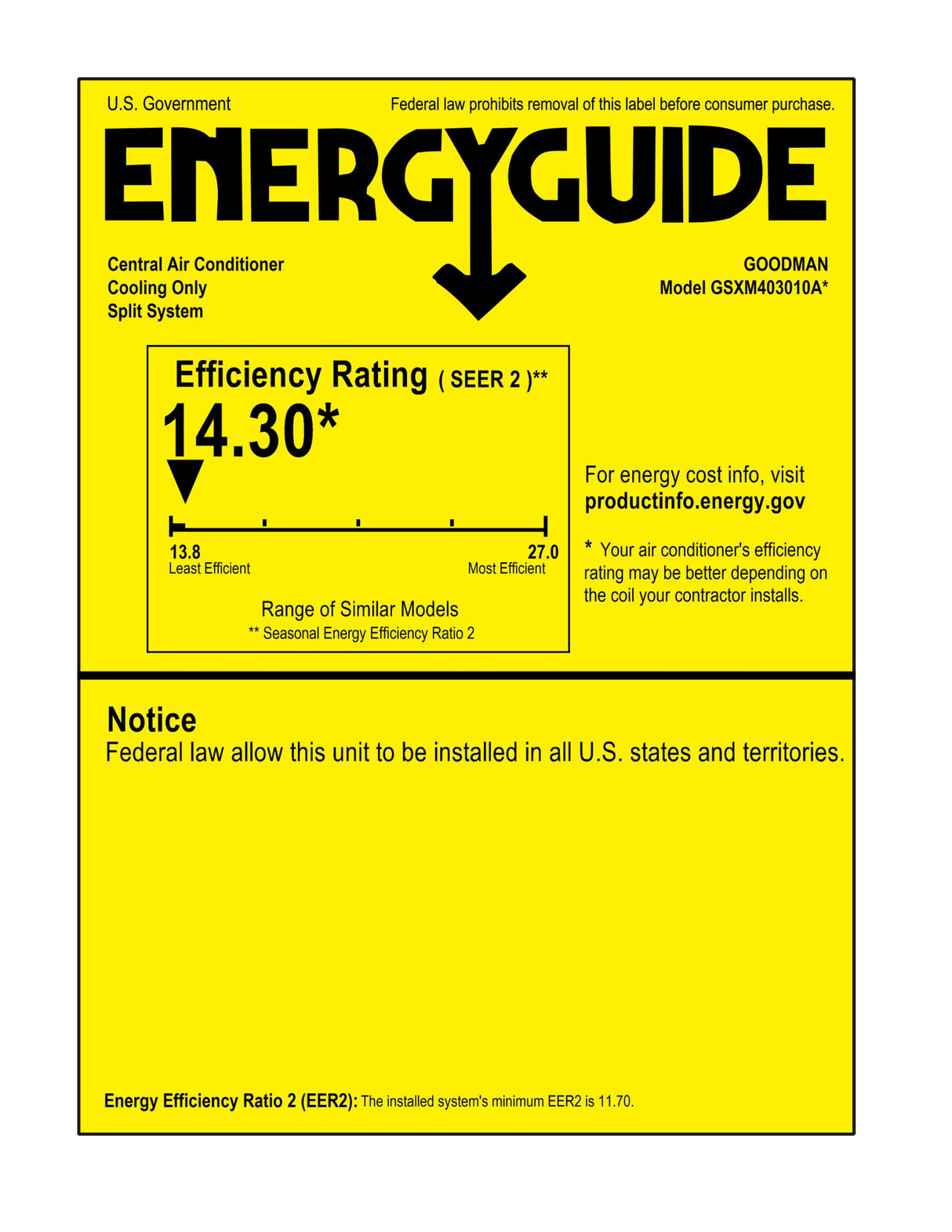 Goodman 2.5 TON 14.3 SEER2 Multi-Family Series Air Conditioner Condenser - GSXM403010