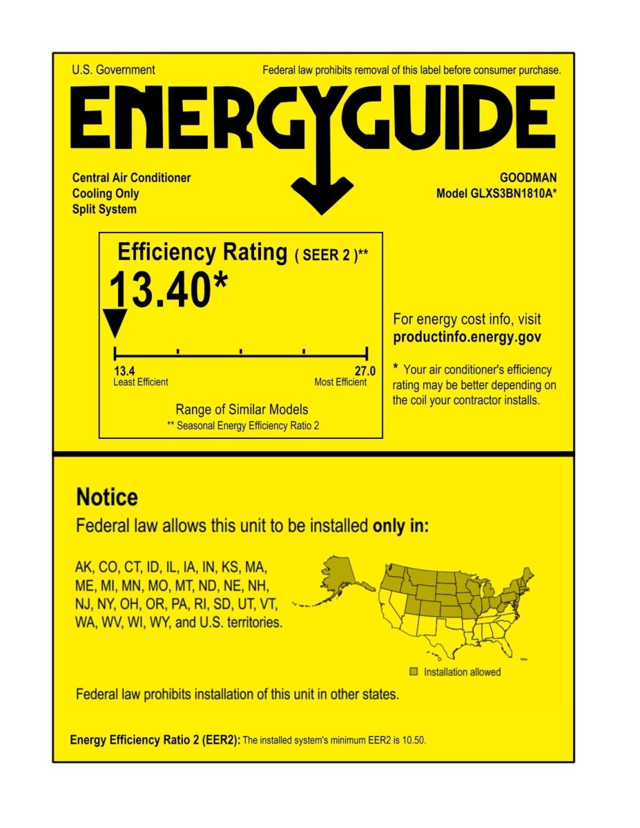 Goodman 1.5 TON 13.4 SEER2 R - 32 AC Only System with Horizontal coil (GLXS3BN1810 condenser and CHPTA2426B3 coil)