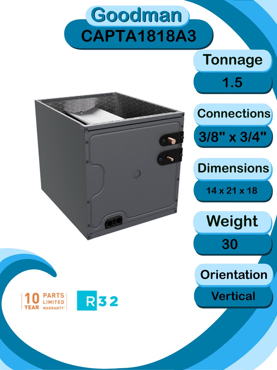 Goodman 1.5 TON 13.4 SEER2 R - 32 AC Only System with Vertical coil (GLXS3BN1810 condenser and CAPTA1818A3 coil)