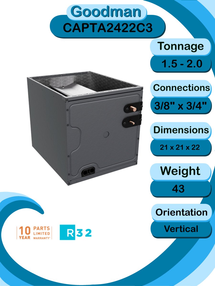 Goodman 1.5 TON 13.4 SEER2 R - 32 AC Only System with Vertical coil (GLXS3BN1810 condenser and CAPTA2422C3 coil)