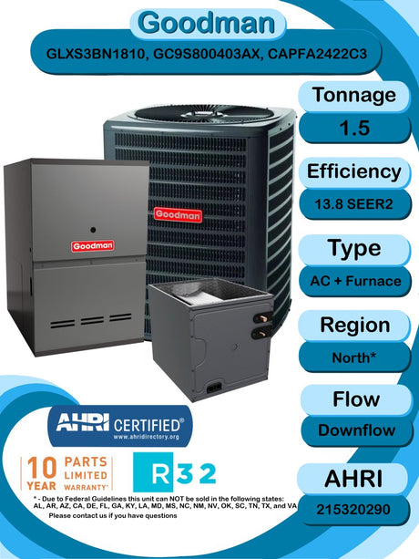 Goodman 1.5 TON 13.8 SEER2 Downflow R - 32 AC System with 80% AFUE 40k BTU Low NOx furnace (GLXS3BN1810 condenser with GC9S800403AX furnace and CAPFA2422C3 coil)