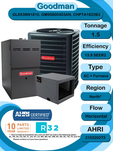 Goodman 1.5 TON 13.8 SEER2 Horizontal R - 32 AC System with 80% AFUE 40k BTU furnace (GLXS3BN1810 condenser with GM9S800403AN furnace and CHPTA1822B3 coil)