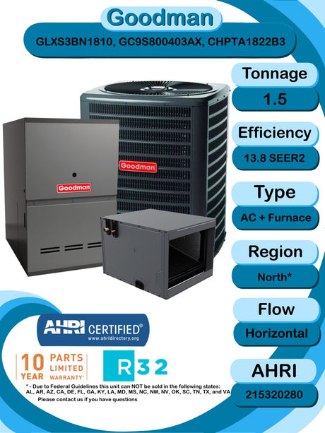 Goodman 1.5 TON 13.8 SEER2 Horizontal R - 32 AC System with 80% AFUE 40k BTU Low NOx furnace (GLXS3BN1810 condenser with GC9S800403AX furnace and CHPTA1822B3 coil)